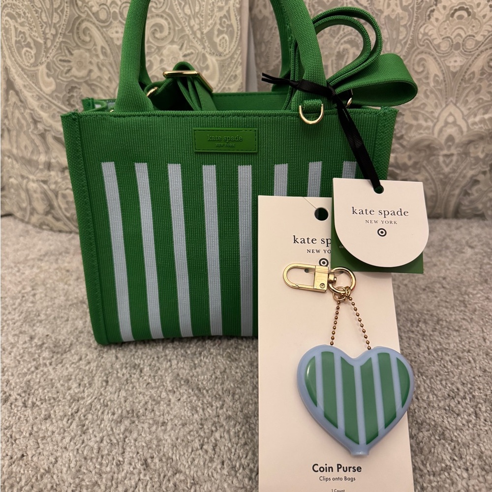 Kate Spade Green and White Striped Tote with Heart Coin Purse